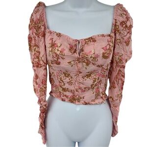 Free People Dusty Pink Floral Ruched Square-Neck Puff Sleeve Crop Top